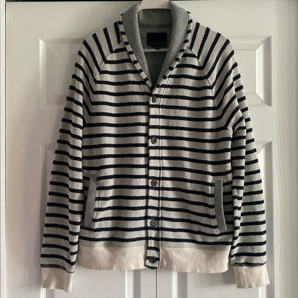 Banana Republic Blue and White Stripe Terry Jacket w/ Shawl Collar - Size Large